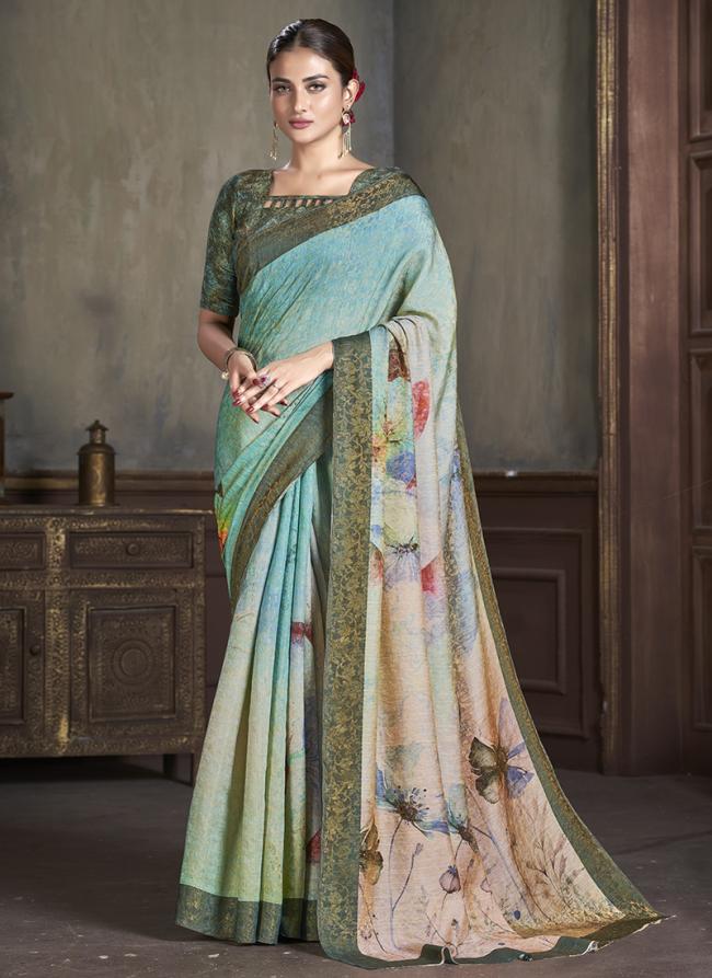 Silk Sky Blue Traditional Wear Printed Saree